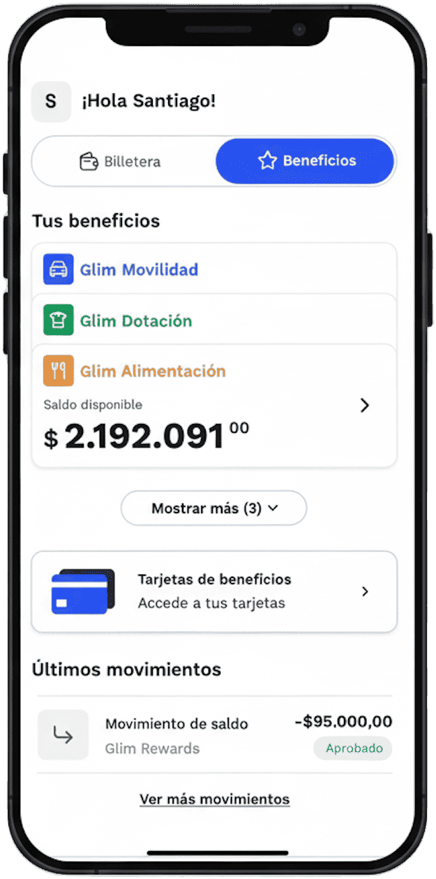 App de Glim con la lista de beneficios del colaborador, incluido el bolsillo Glim Dotación y su saldo disponible