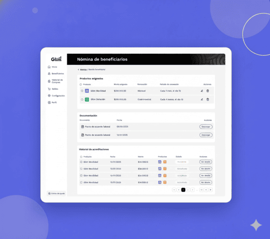 Gestión de empleados mostrando productos asignados y documentación